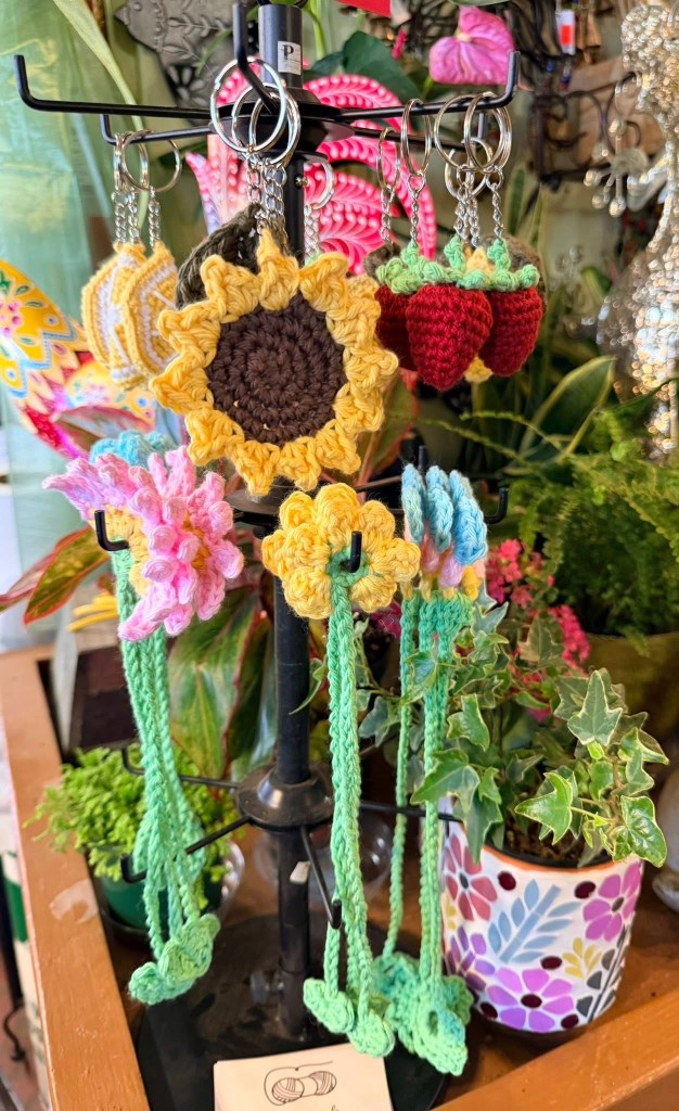 crochet flower bookmarks with crochet fruit and flower keychains