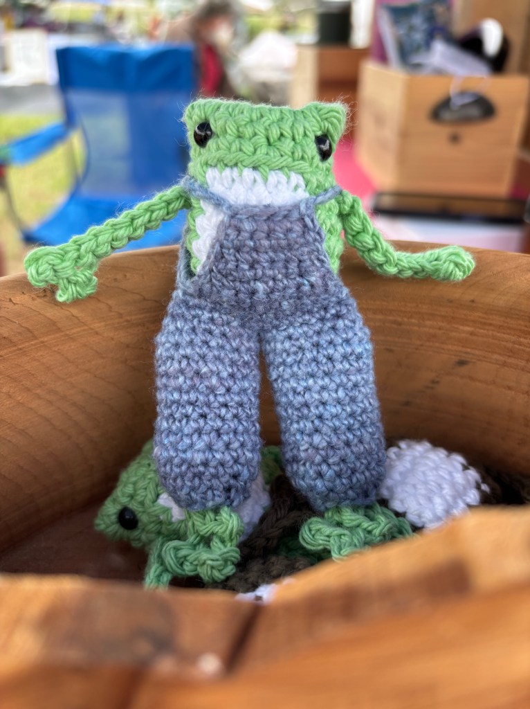crochet frog in blue overalls plushie